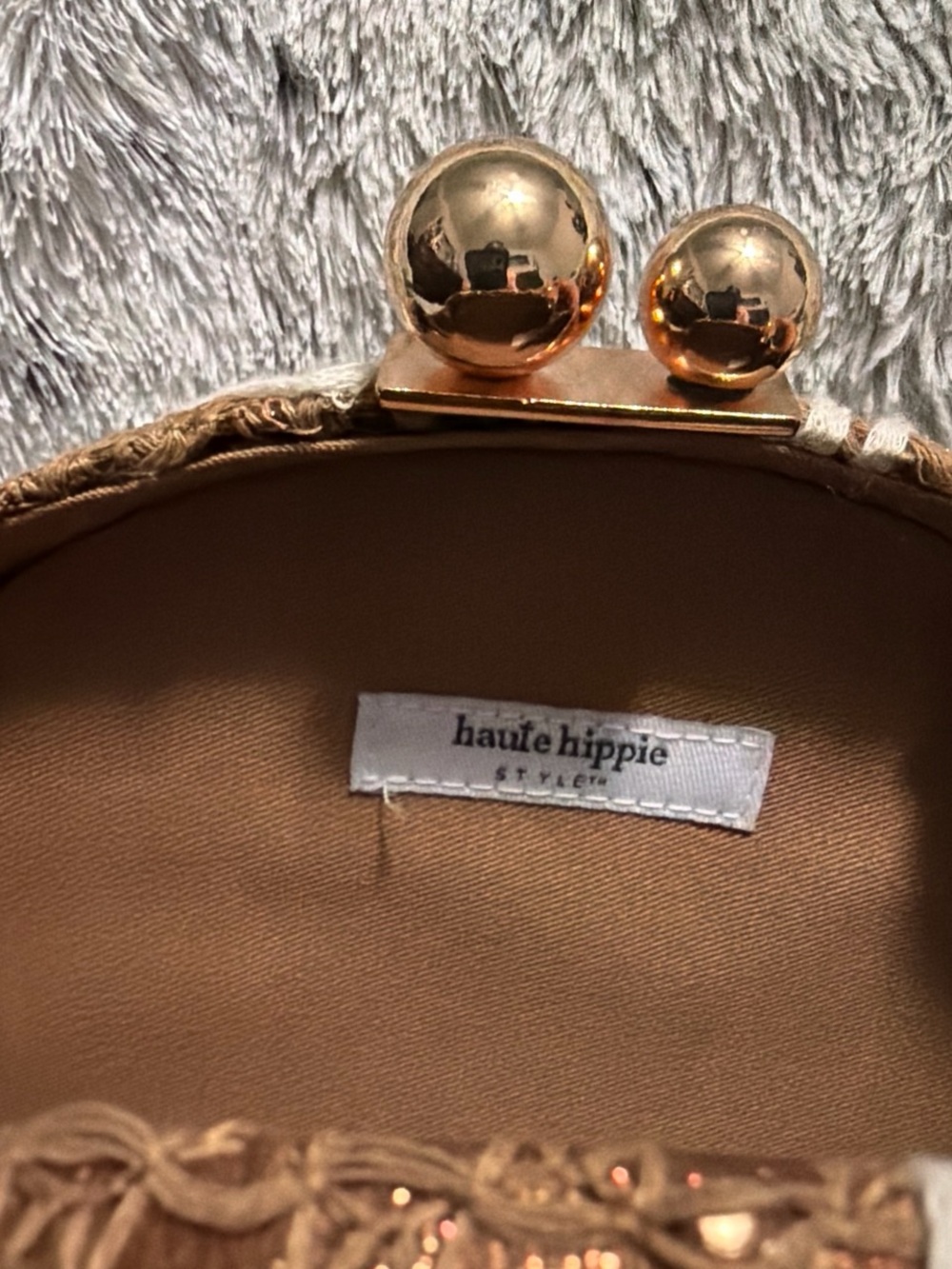 Haute Hippie Brown Woven Floral Applique Clutch Bag with Gold Hardware - Picture 3 of 4